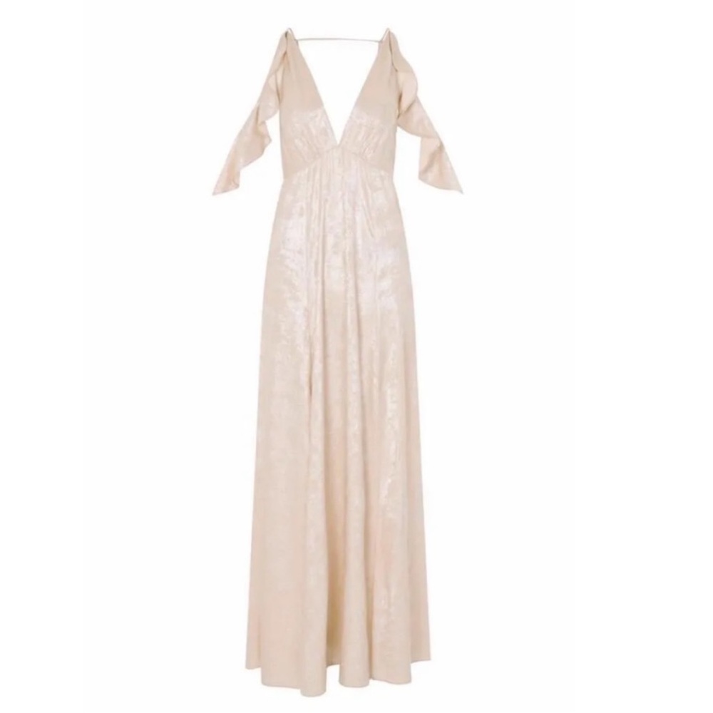 Topshop Cream Foil Metallic Slip Maxi Dress with Flutter Sleeves Size 4